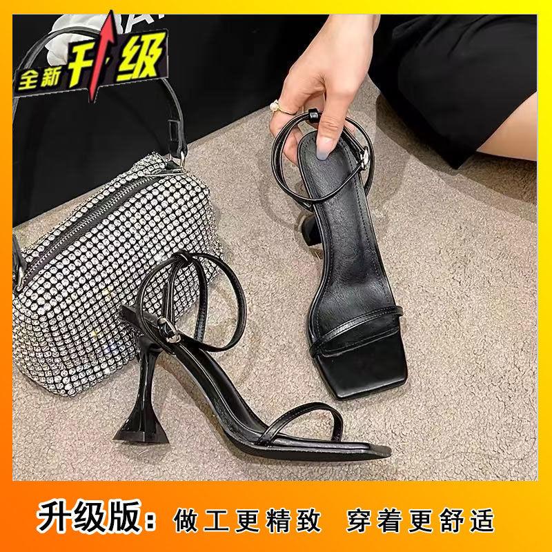 2025 Summer New One-word Strap High Heels Thick Heel Square Head Women's Shoes Aw Black Beautiful Wine Glass and High Heel Sandals