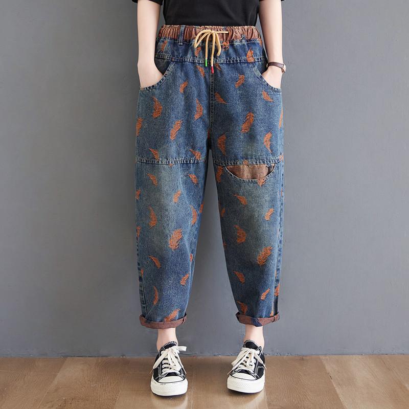 Jarné a jesenné dámske retro džínsy nadmernej veľkosti voľné pohodlné elastický pás so sťahovacou šnúrkou módne ležérne džínsy XXXL denim modrej farby