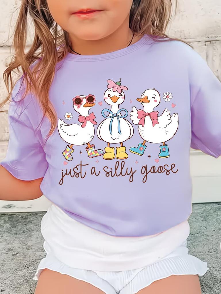 Just a Silly Little Goose Bow Print T-Shirt for Girls Summer Cartoon Graphic Short Sleeve T-Shirts Outdoor Causal Girls Clothing