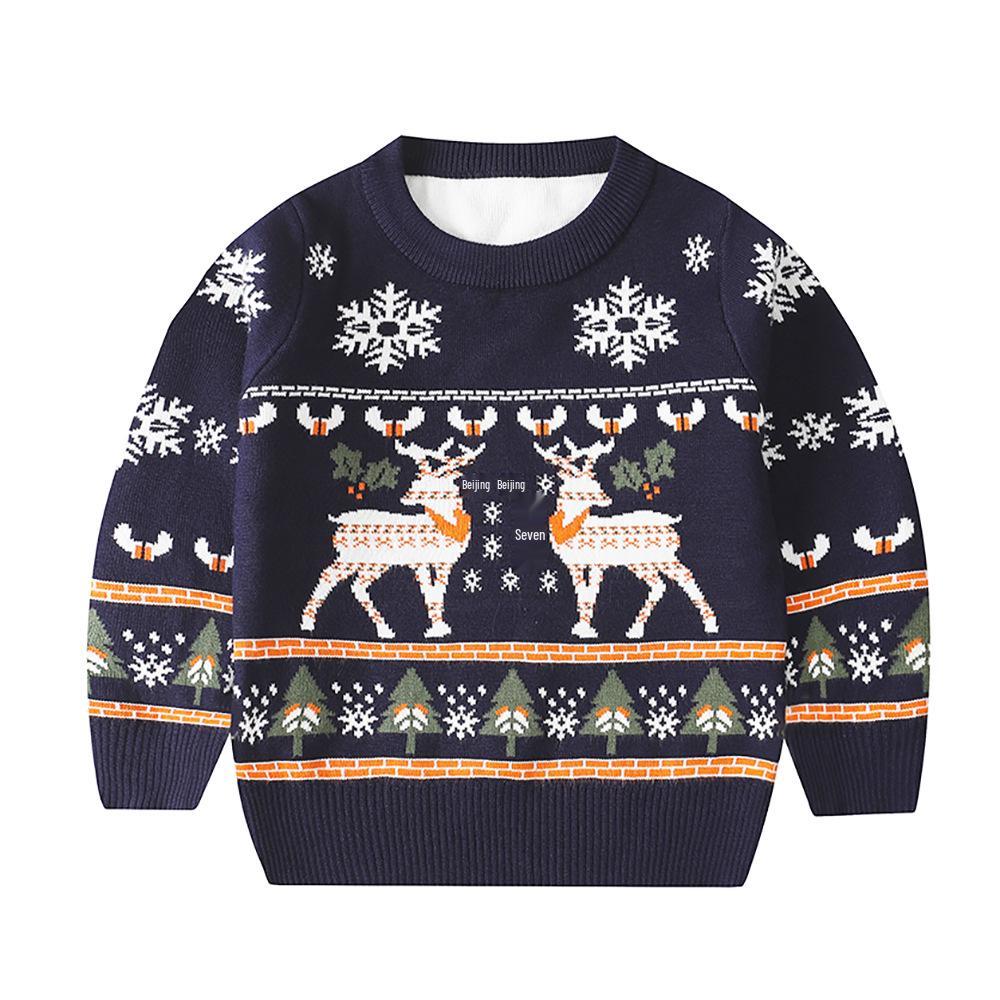 Kinder Rentier Weihnachtspullover - Doppellagiger Jacquard Cartoon Pullover, Langarm, Lagerware