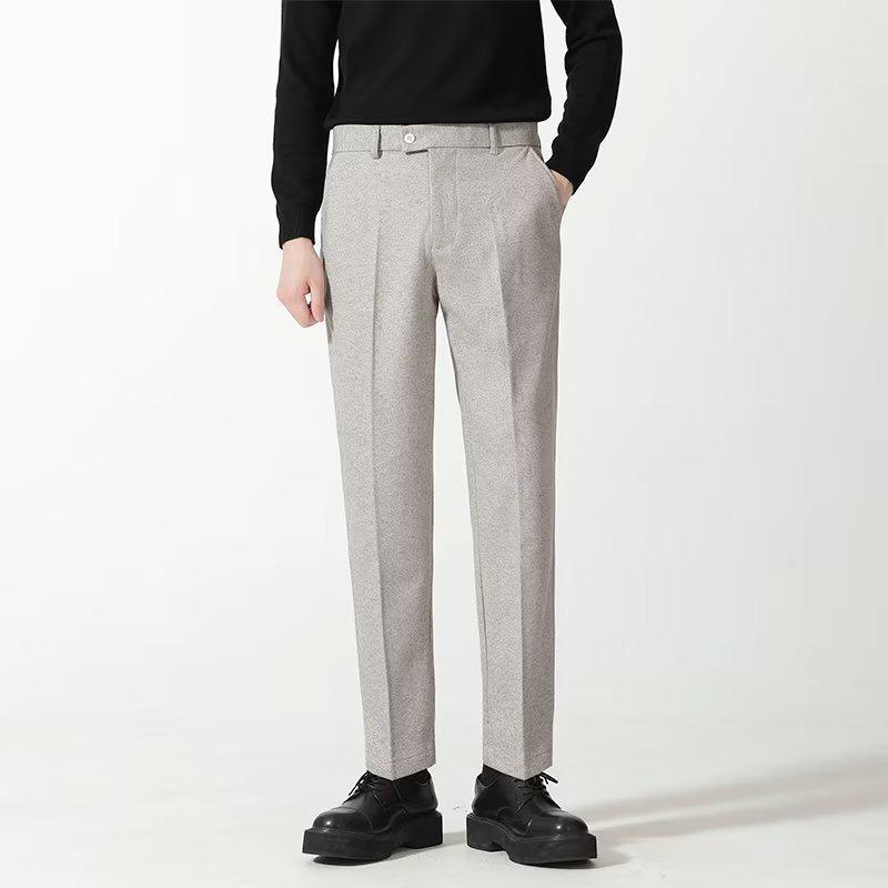 Men’s Casual Woolen Nine-Point Trousers - Autumn Business Loose Fit, Solid Color, Trendy Design.
