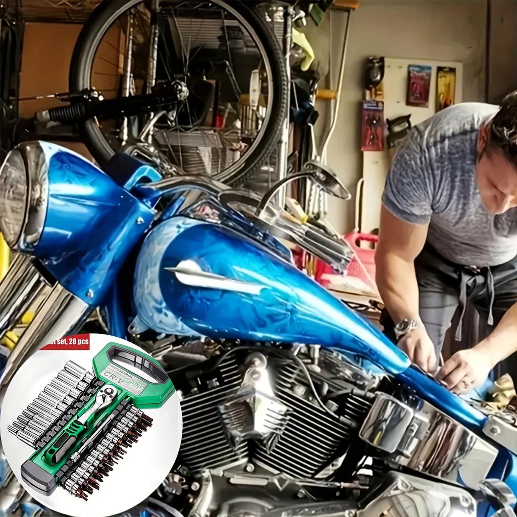 28-Piece Drive Socket Set 1/4",CR-V Metric Sockets with Quick-Release Ratchet Wrench, Sockets Set for Car Repair