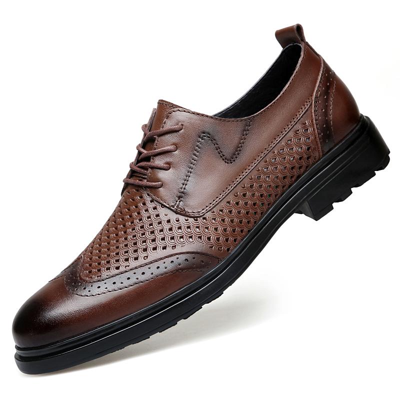 Fashion New Male Lace-Up Flats Genuine Leather Mens Oxford Shoes Hollow Out Casual Dress Shoes Trend Versatile Man Business Footwear