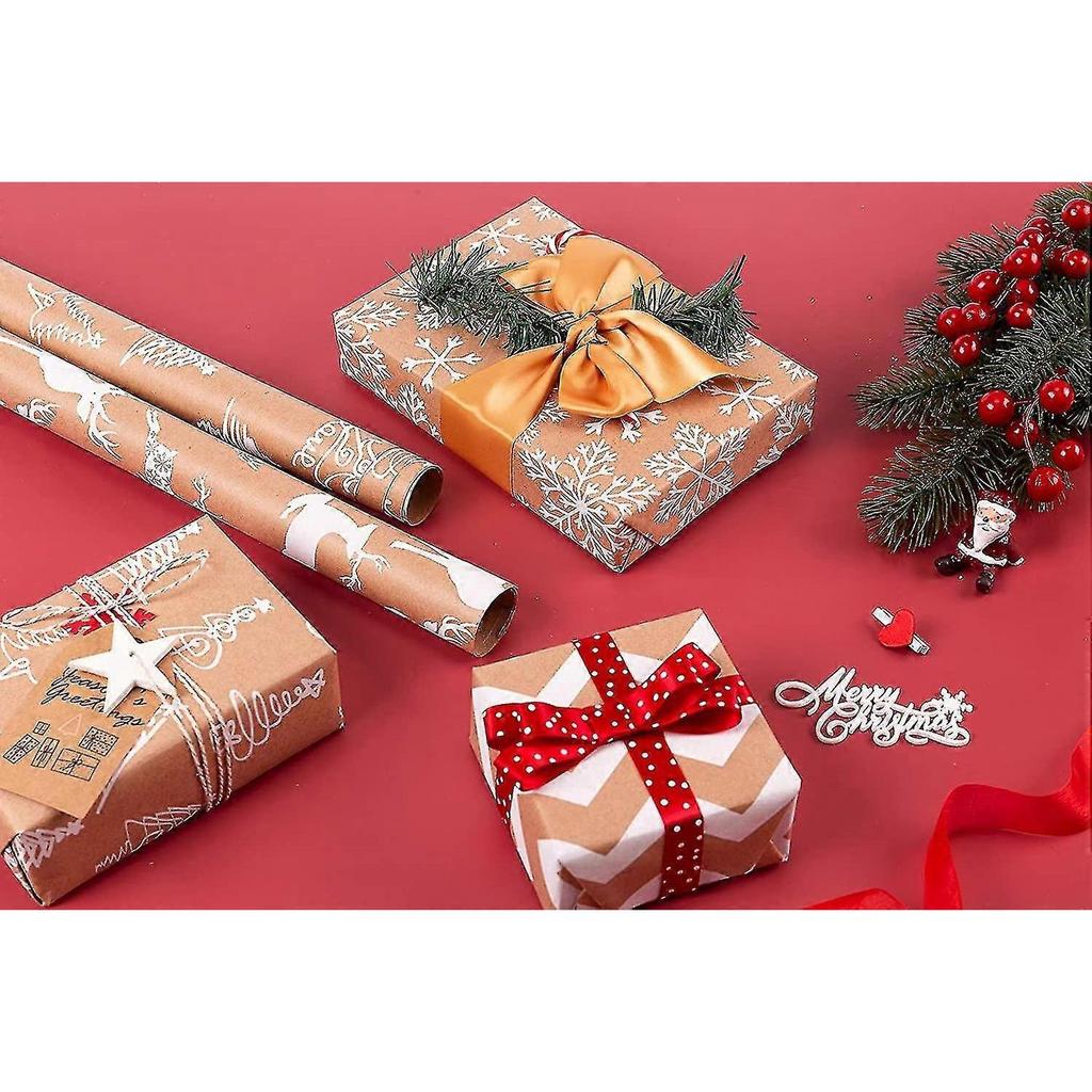 Christmas Wrapping Paper Brown Kraft Paper With 3d White Christmas Elements