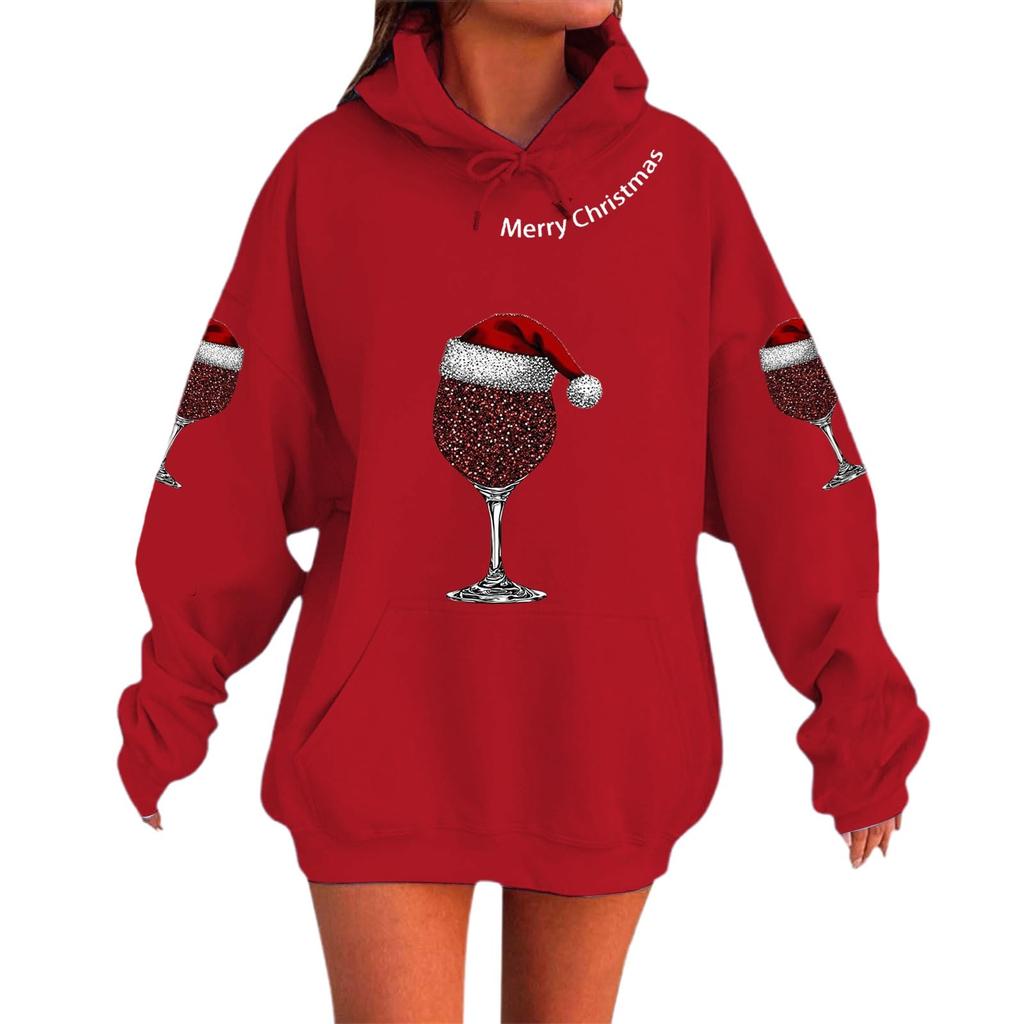 Women's Fashionable Casual Long-Sleeved Christmas Holiday Party Printed Hooded Sweatshirt
