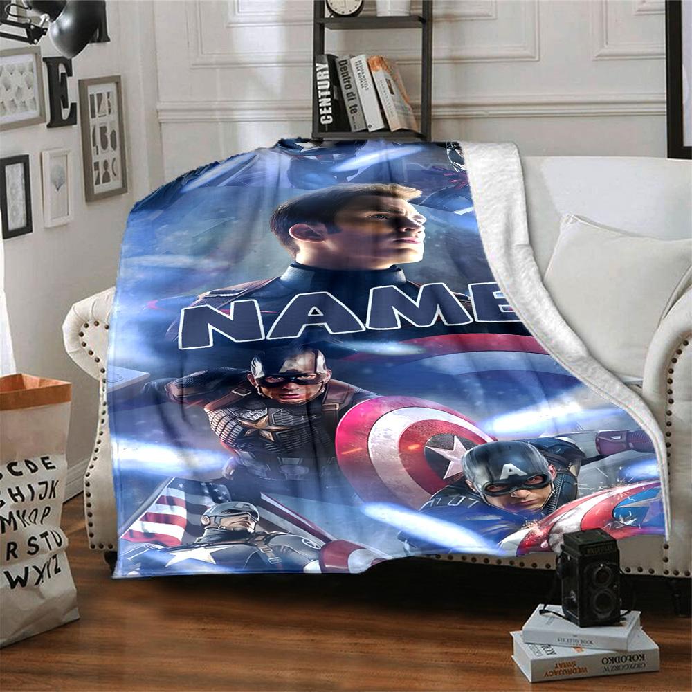 Captain America Action Scene With Shield And Dynamic Poses Lightweight Personalized Blanket Personalized Text Comfortable Texture Versatile For Sofa