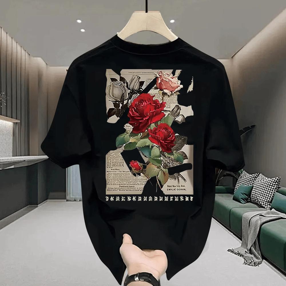 Cotton Short-Sleeved Creative Rose Rabbit Printed T-Shirt Men'S And Women'S Same Personalized Versatile Crew Neck Top
