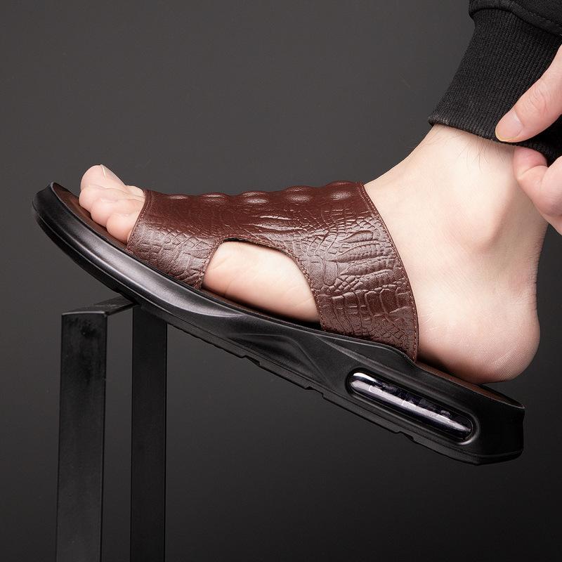 Summer New Shoes for Men Genuine Leather Sandals Crocodile Print Casual Slipper Air Cushion Flip Flops Cool Beach Shoes