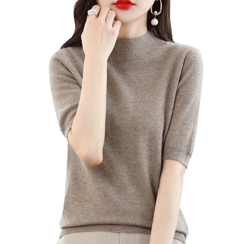 Spring and Summer Loose and Versatile Knitted Short-sleeved Women's Large-size Round Neck Solid Color Bottoming Shirt Knitted Shirt Thin