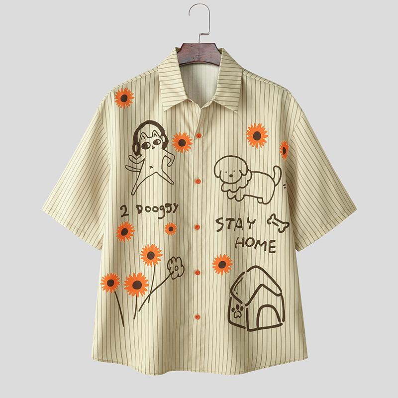 INCERUN Oversized Men Lapel Neck Short Sleeve Cartoon Print Casual Loose Shirts