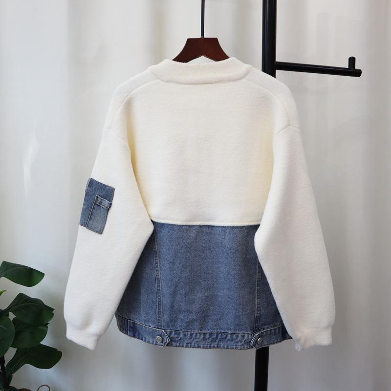 Spleiß-Denim-Strick-Doppelseitiger Cardigan Herbst und Winter Neu Lockerer Baseball-Trikot-Pullover Jacke Damen