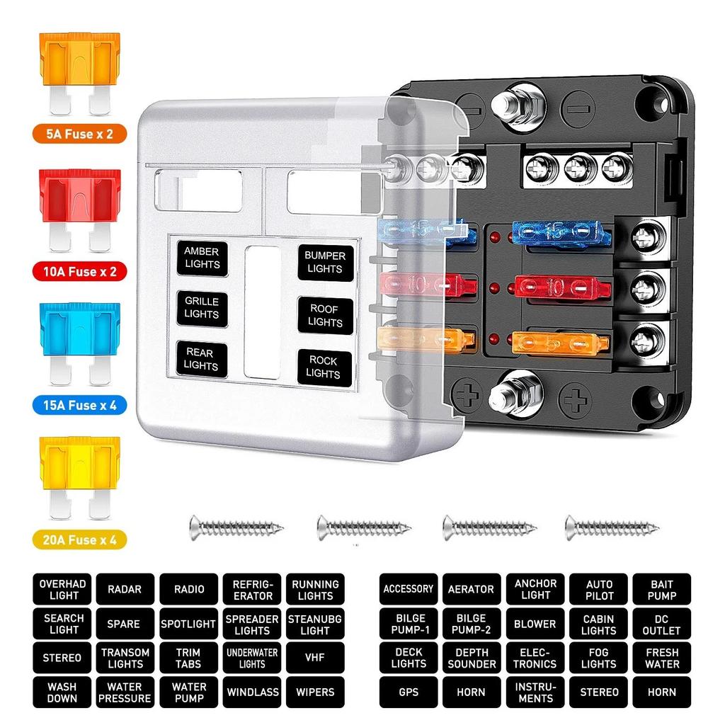 Fuse Box 6 Way Blade Fuse Block Holder Waterproof M5 Stud With LED Indicator Light For Auto Car Boat Turck Marine 12V 32V Amagi