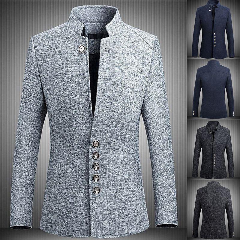 Stylish Mens Single Breasted Stand Collar Jacket Casual Business Tunic Suit Coat