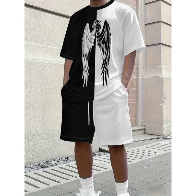 Men's Crew Neck Short Sleeve Casual T-Shirt and Drawstring Waist Shorts Set, Vacation Beachwear, Comfortable Outfit