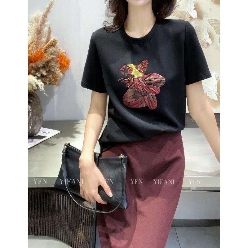 

Mesh Beads Composition! Girls round Neck Short Sleeve Stretch Cotton Black Carp Pattern T-shirt All Year Round Wearable Black L