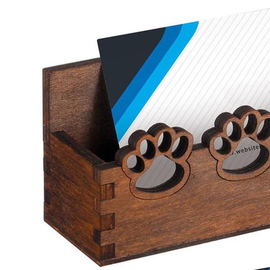 Wood Business Card Holder for Desk, Cute Paw Print Display Stand for Postcards Office Home, Rustic Desktop Tabletop Organizer