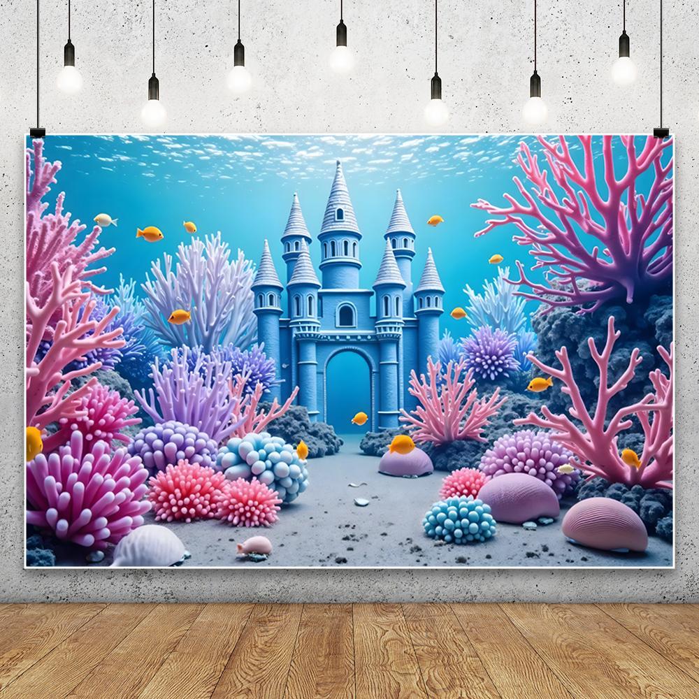 Blue Underwater World Photography Background Ocean Undersea Coral Castle Shells Kid Birthday Party Decor Portrait Photo Backdrop