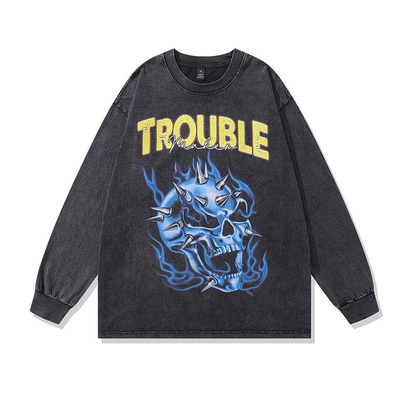 European And American High Street Retro Angel Washed Long-Sleeved T-Shirt Men'S And Women'S Street Trendy Brand Old Versatile Bottoming Top