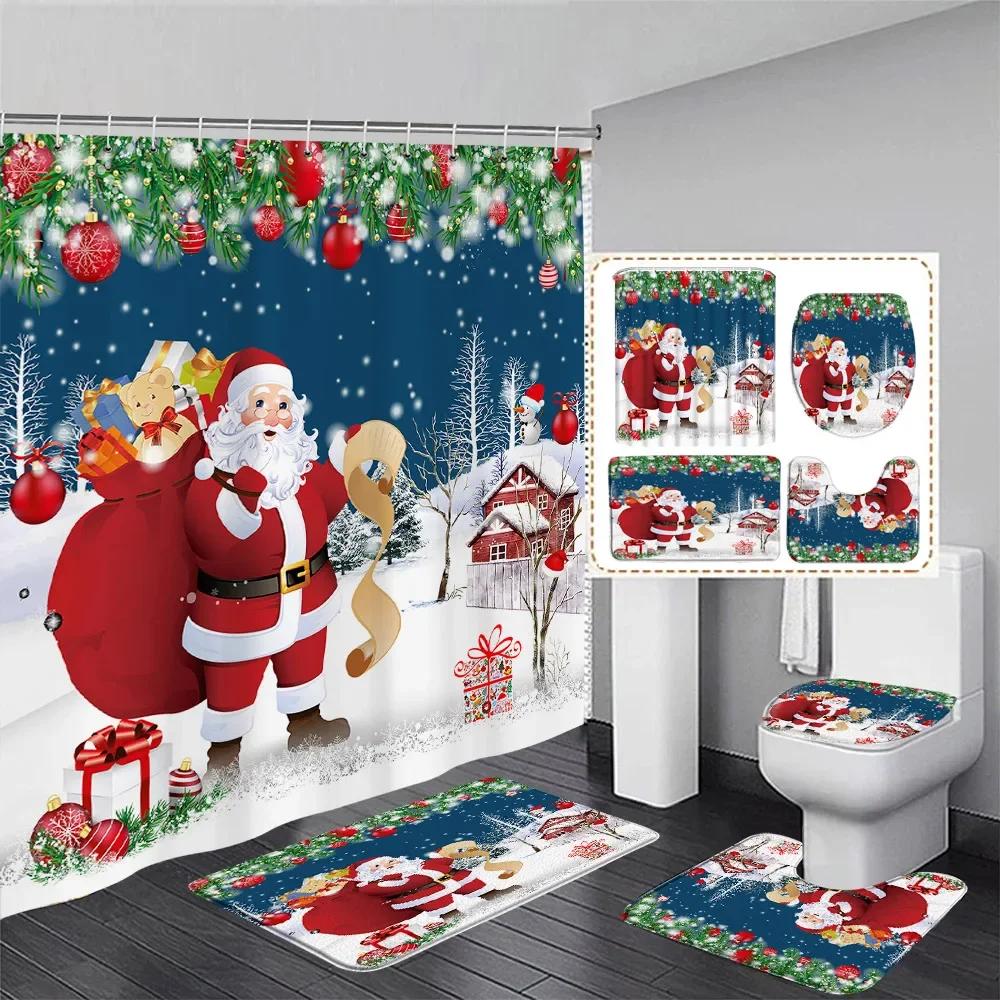Winter Weihnachten Duschvorhang Set Niedlicher Schneemann Rote Vögel Geschenke Wald Zeder Neujahr Xmas Badezimmer Deko Duschvorleger Toilettensitzbezug