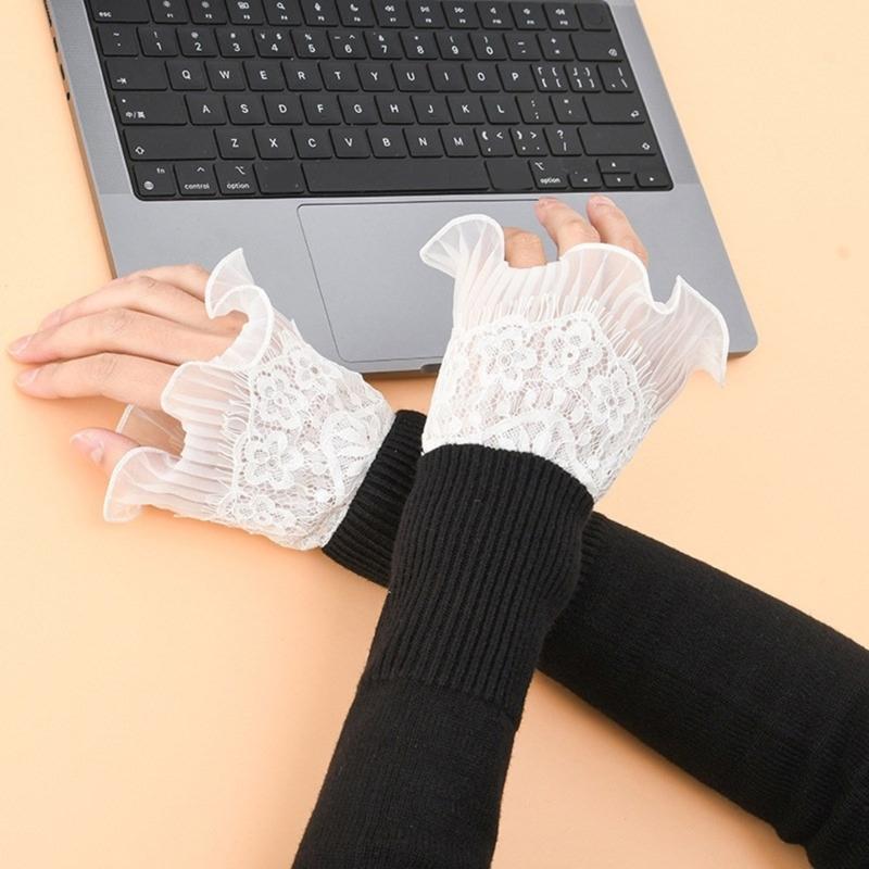 Womens GothicLace MeshLongGloves Floral Lace Wrist Cuffs Bracelets For Wedding Halloween Party Pack of 2