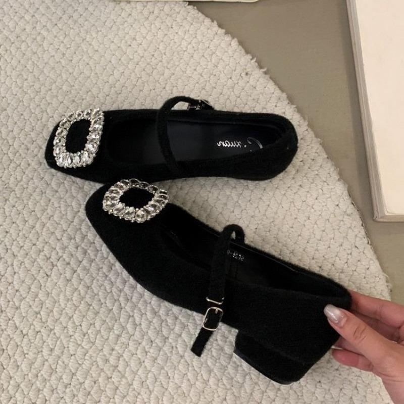 

Woolen rhinestone thick heel single shoes women s new spring skirt gray Mary Jane shoes 35 чёрный