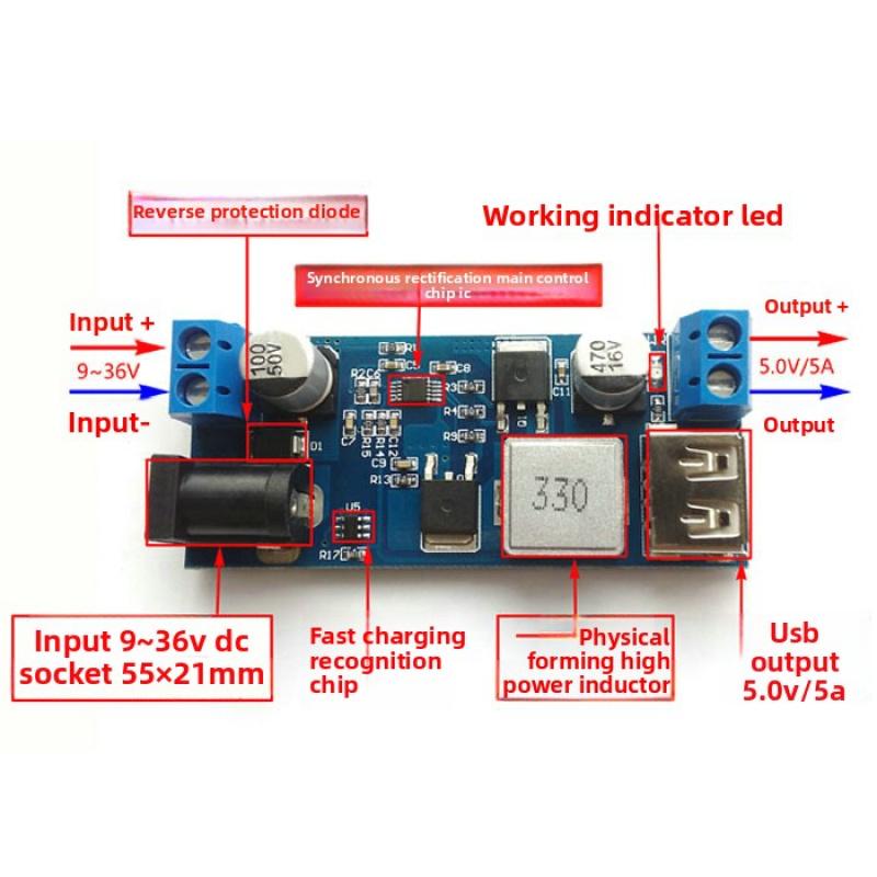 DC-XY-3606 Super LM2596S Power Module, 24V/12V To 5V 5A for Makers & Arduino Projects