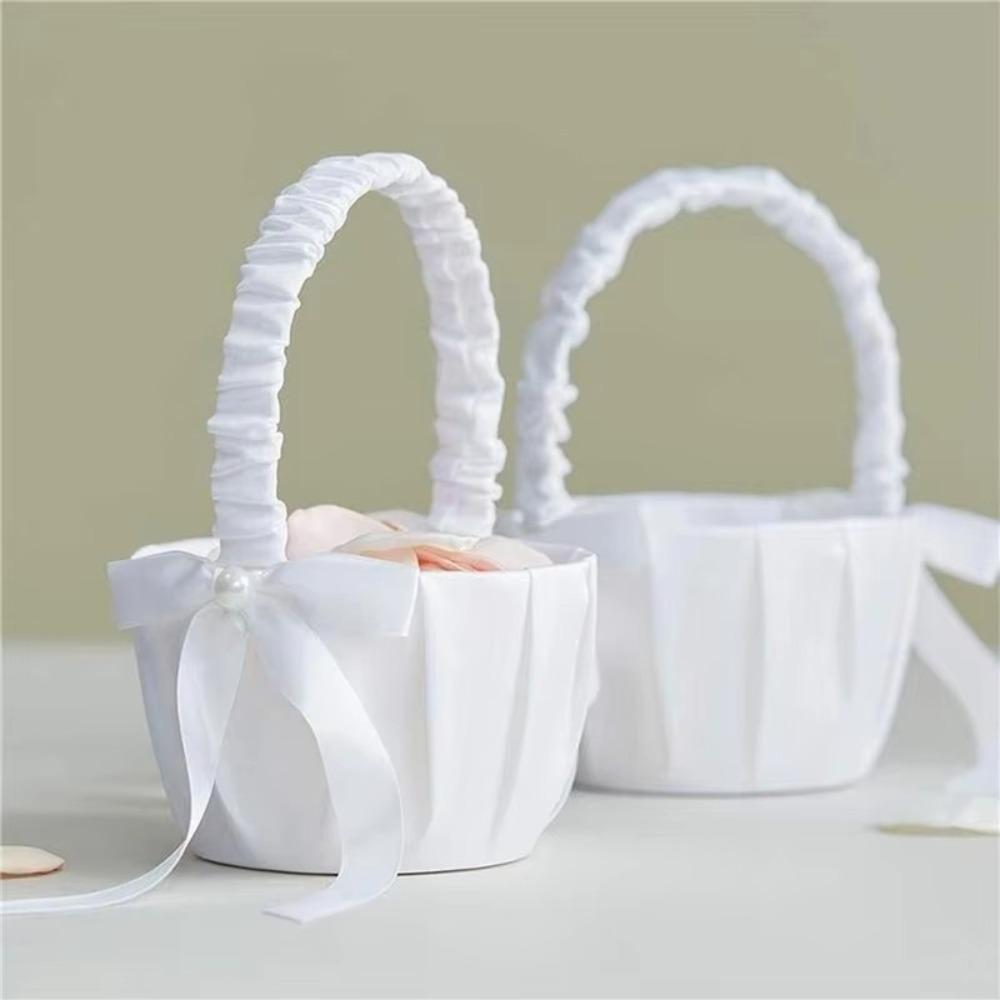 20 cm Weiß Blumenmädchenkorb Seide Kinder Handgehalten Hochzeitskorb Hochzeitszeremonie Perlen Schleife Partydekorationen