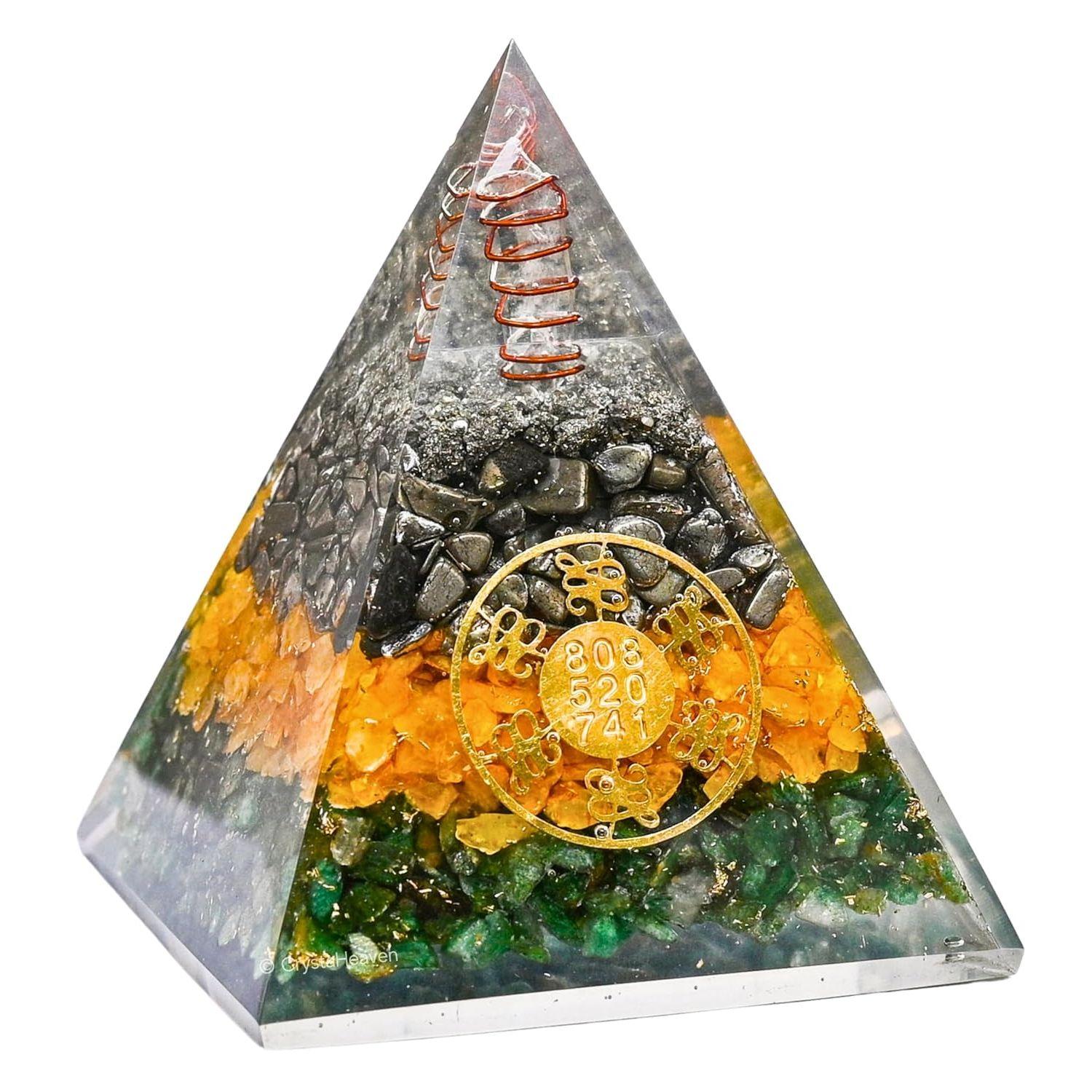 Money Magnet Pyrite Pyramid Vastu for Home - Certified Pyrite Citrine Green Aventurin Stone Original Pyramid with Zibu Symbol