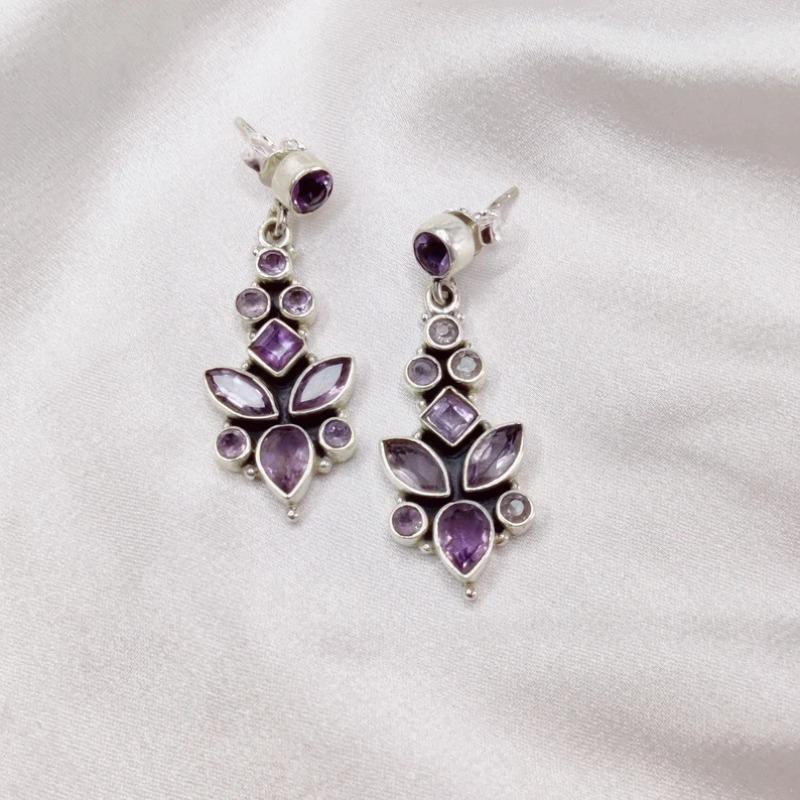 Vintage Oval Round Inlaid Purple Stone Earrings Geometric Creativity Silver Color Dangle Earrings for Women Jewelry