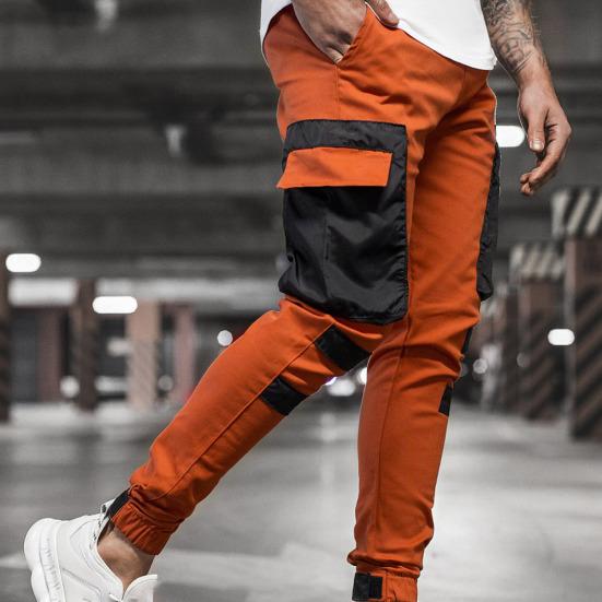 Cargo Pants Large Side Pockets Fine Texture Contrast Color Men Splicing Sports Trousers for Daily Life