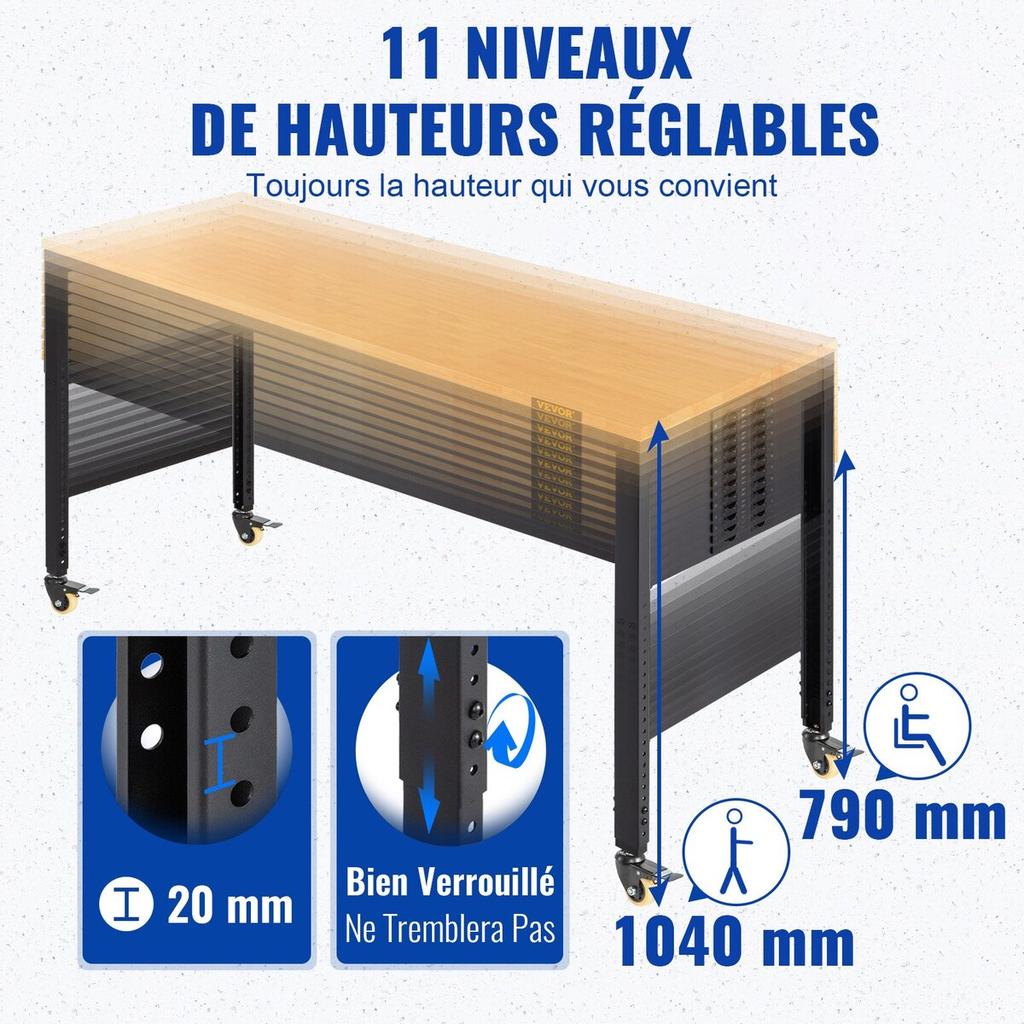 Werkbank höhenverstellbar, 122cm B X 51cm T X 104cm H Garagentisch mit 79 – 104 cm Höhen & 720KG Tragfähigkeit, mit Steckdosen & Hartholzplatte &