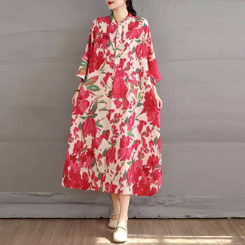 Kurzarm Plus Size Baumwolle Vintage Blumenmuster Neu in Kleidern für Damen lässig locker langes Sommerkleid