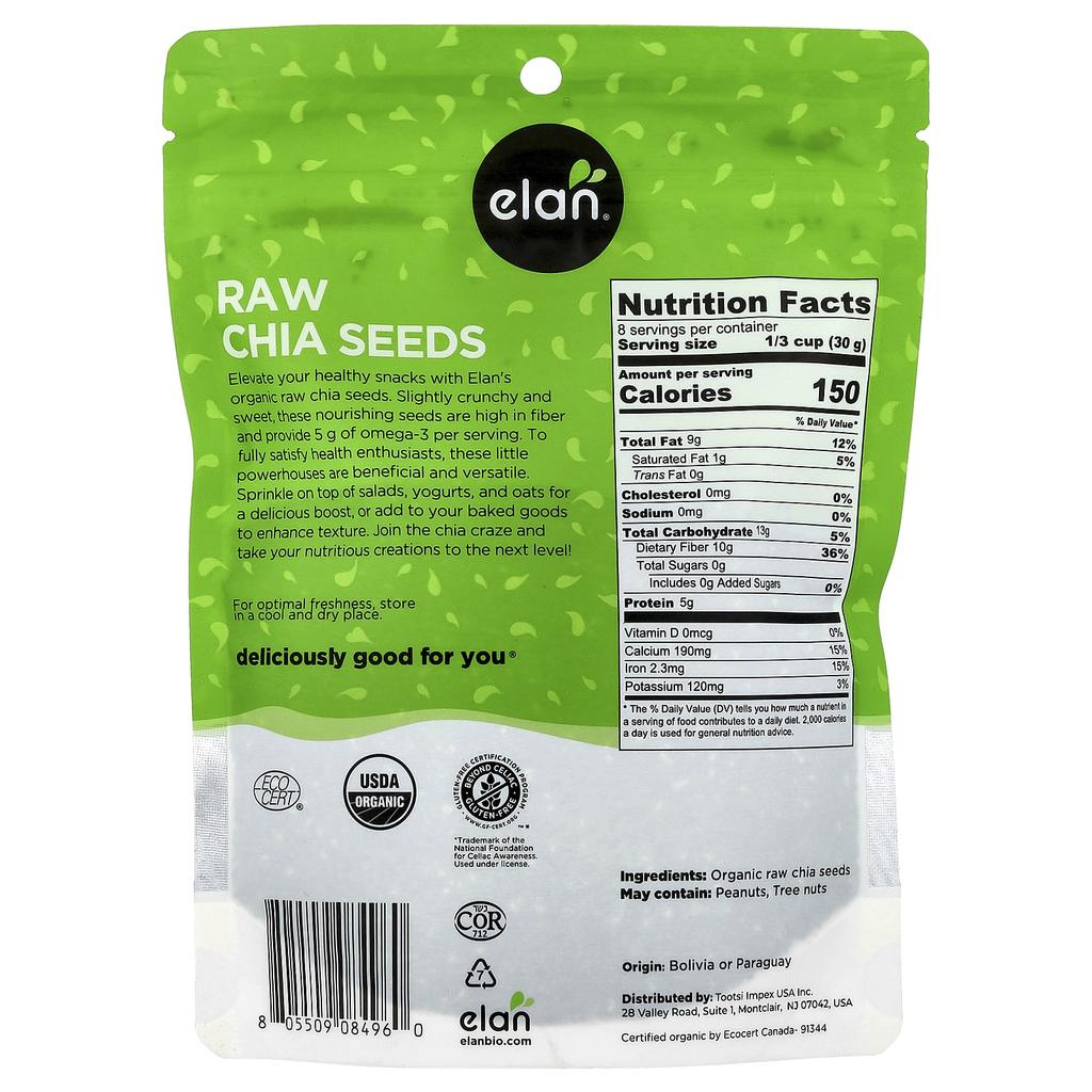 Elan Organic Chia Seeds, Raw, 250g (8.8oz)