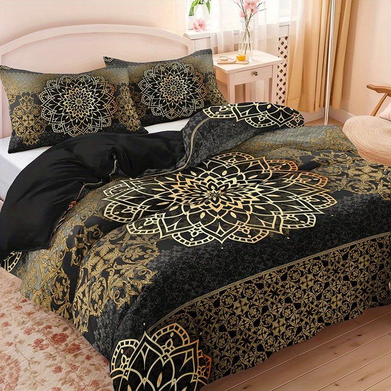 3Pcs Mandala Luxury Golden Black Bedding Duvet Cover Set Bohemian Bedding Quilt Set Mandala Themed Bed Quilt Set Black Golden