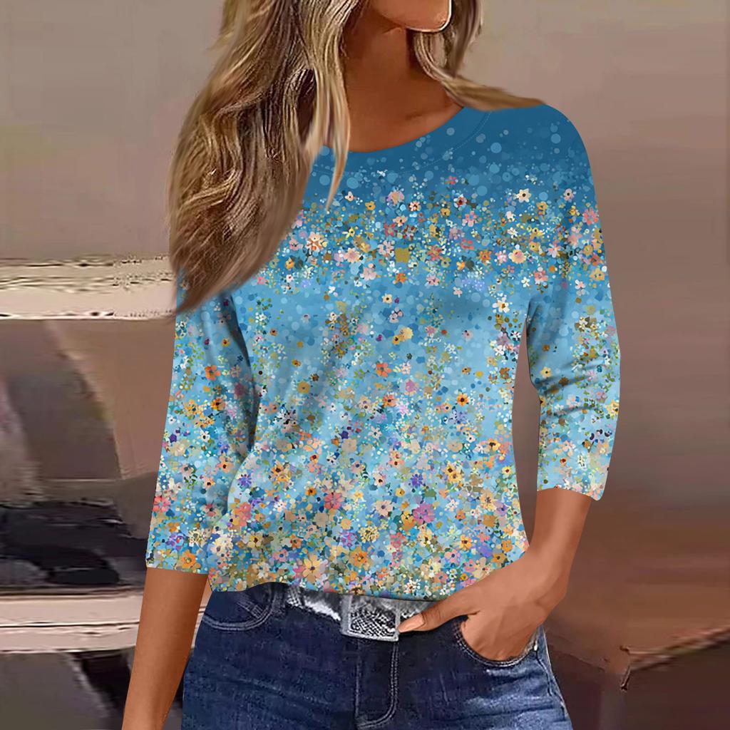 Damen Modisches Lässiges Rundhals-T-Shirt mit Blumendruck und Dreiviertelärmeln