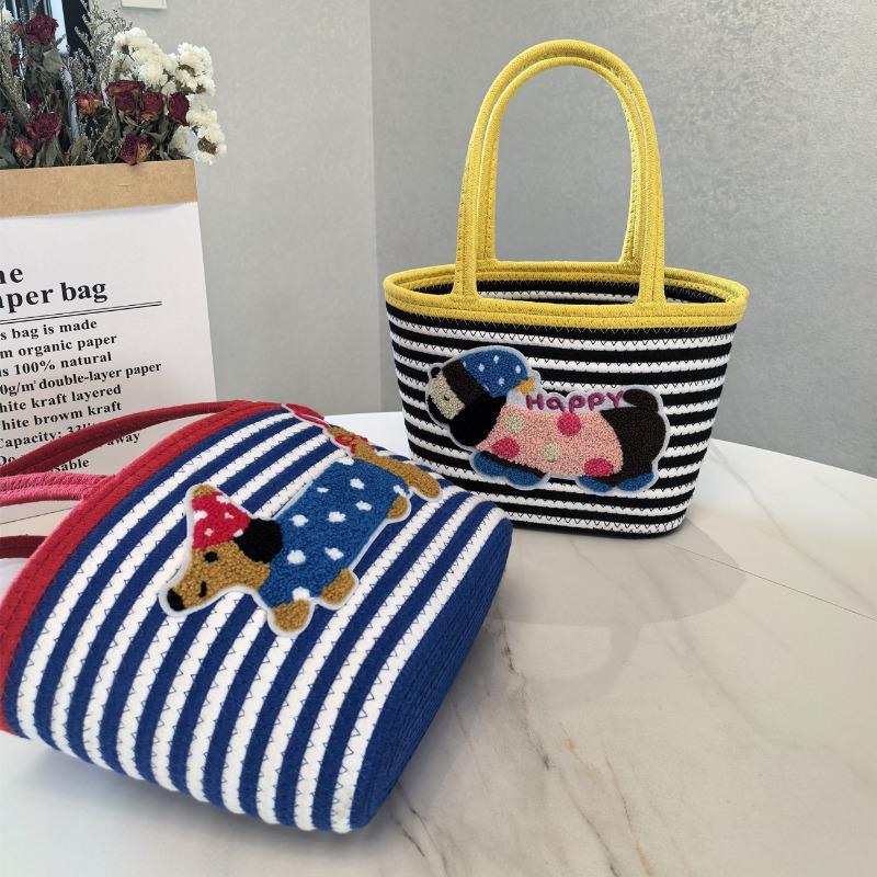 Dachshund Woven Bag Bucket Bag Tide Contrasting Color Cotton Rope Woven Puppy Shoulder Bag Large Capacity Tote Bag Gift