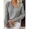 Maglione pullover a V a maniche lunghe lavorato a maglia traforato da donna autunno e inverno