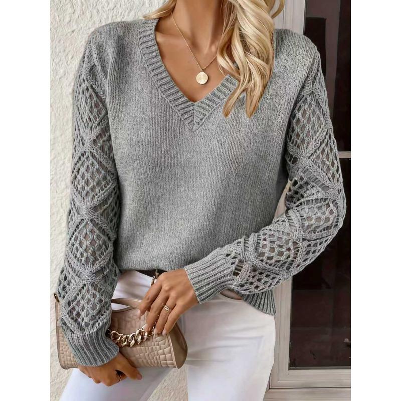 Women's Autumn and Winter Knitted Hollowed-out Long-sleeved V-neck Pullover Sweater