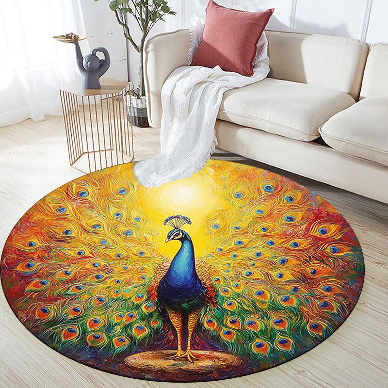 Peacock Round Area Rug,Carpet Rug for Living Room Bedroom Sofa Playroom Decor,Non-slip Floor Mat