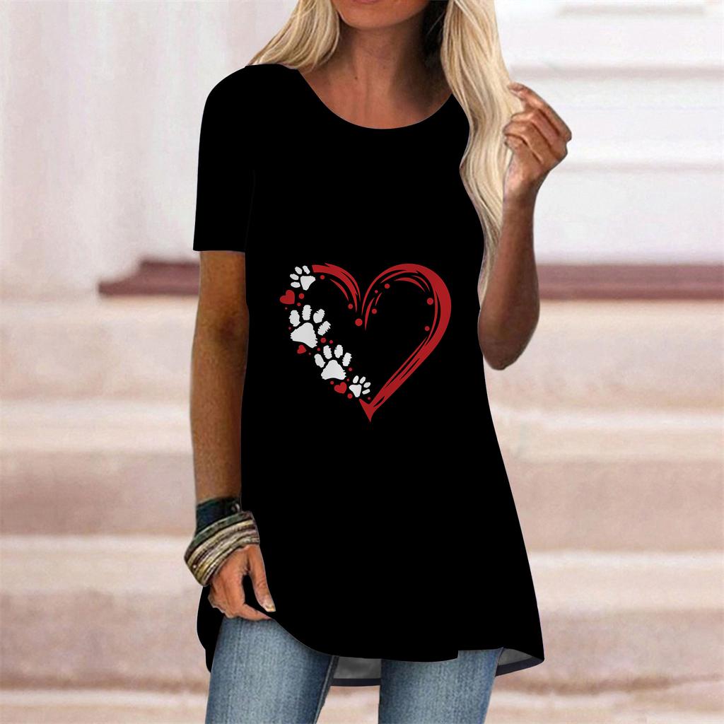 Plus Size Women Summer Love Footprints Printed Comfy Short Sleeve Round Collar T-shirt Casual Baggy Mid Length Tee Tops