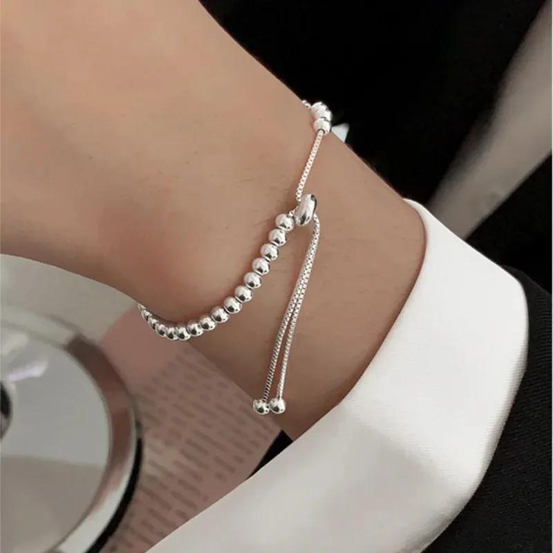 100% Solid 925 Silver Metal Bracelets for Women Men Adjustable Beads Handmade Simple Birthday Christmas Gift