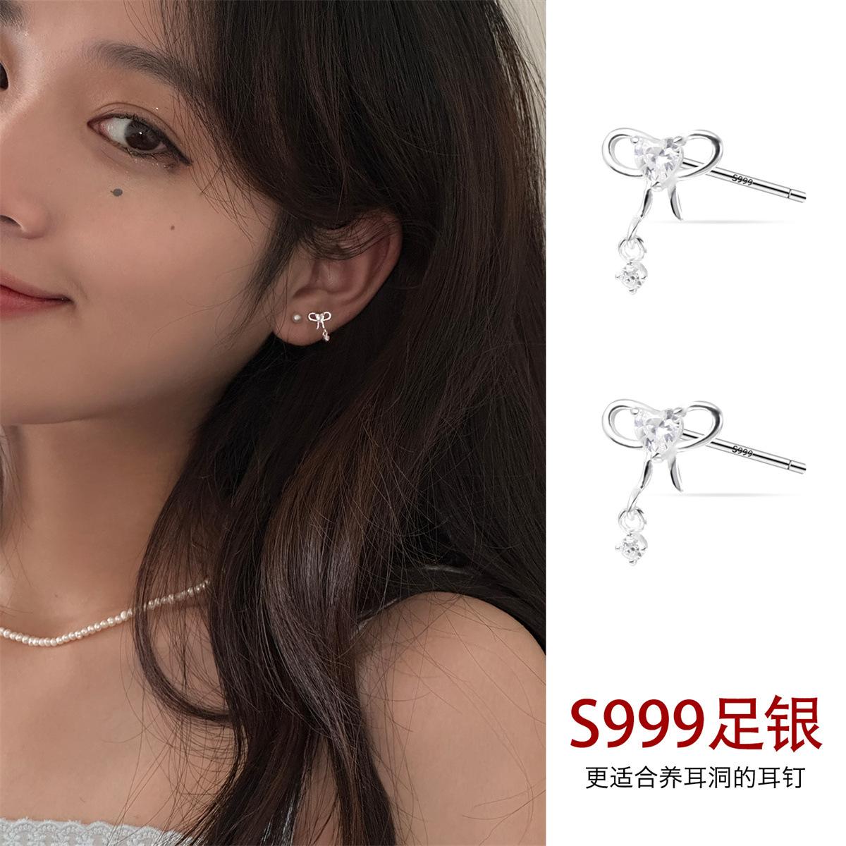 

999 sterling silver love zircon stud earrings women s exquisite sweet bow earrings simple and small new earrings 999 silver