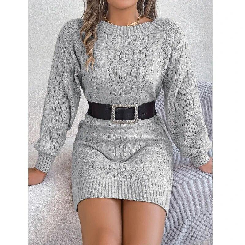 Vintage O-Neck Twisted Knitted Dress Casual Lantern Long Sleeve Sweater Dress Elegant Warm Solid Womens Knitwear Vestidos 29889