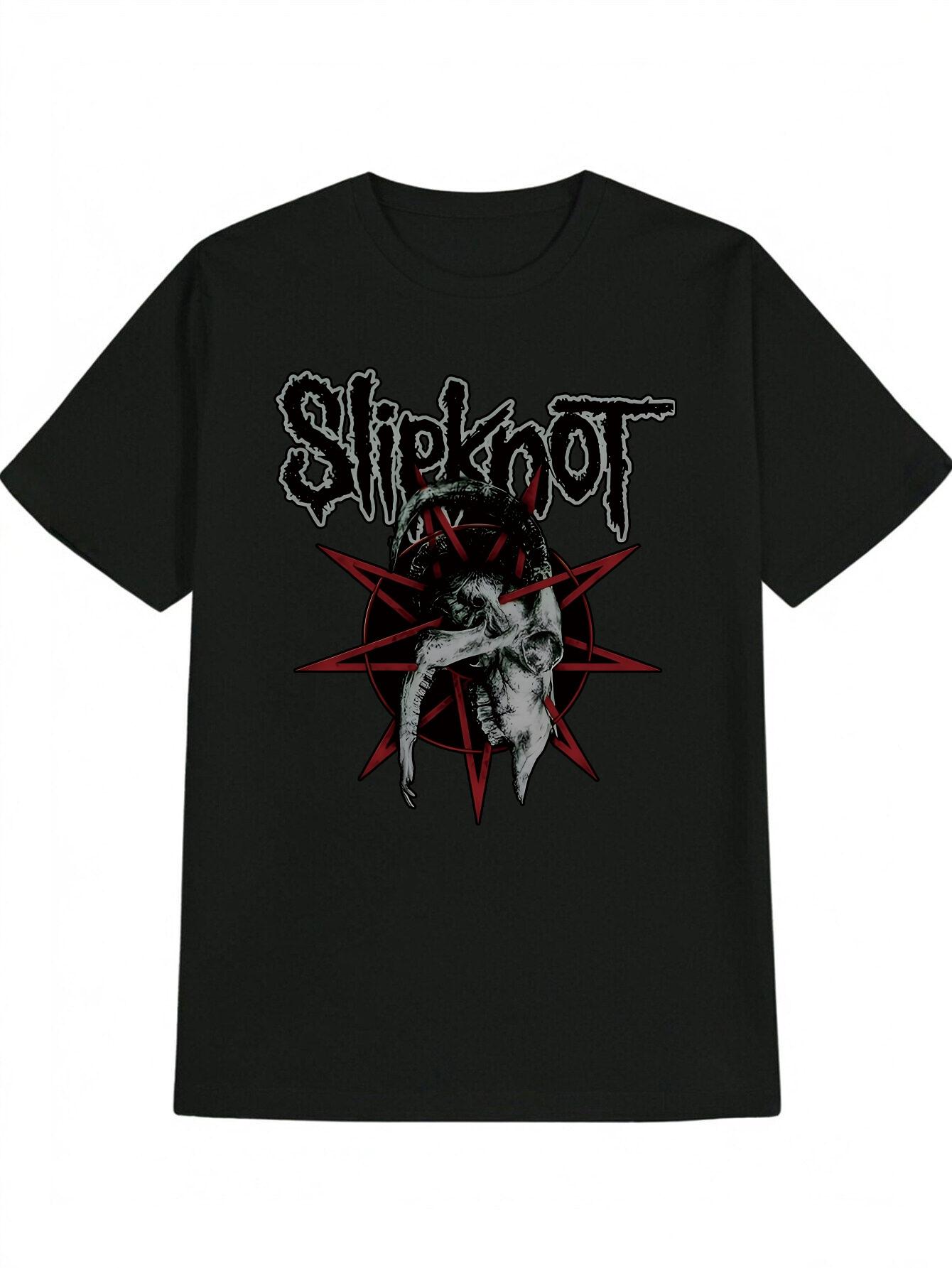 Casual Black T-shirt with Star & Skull Graphic Print - Bold Slayer Lettering XXL