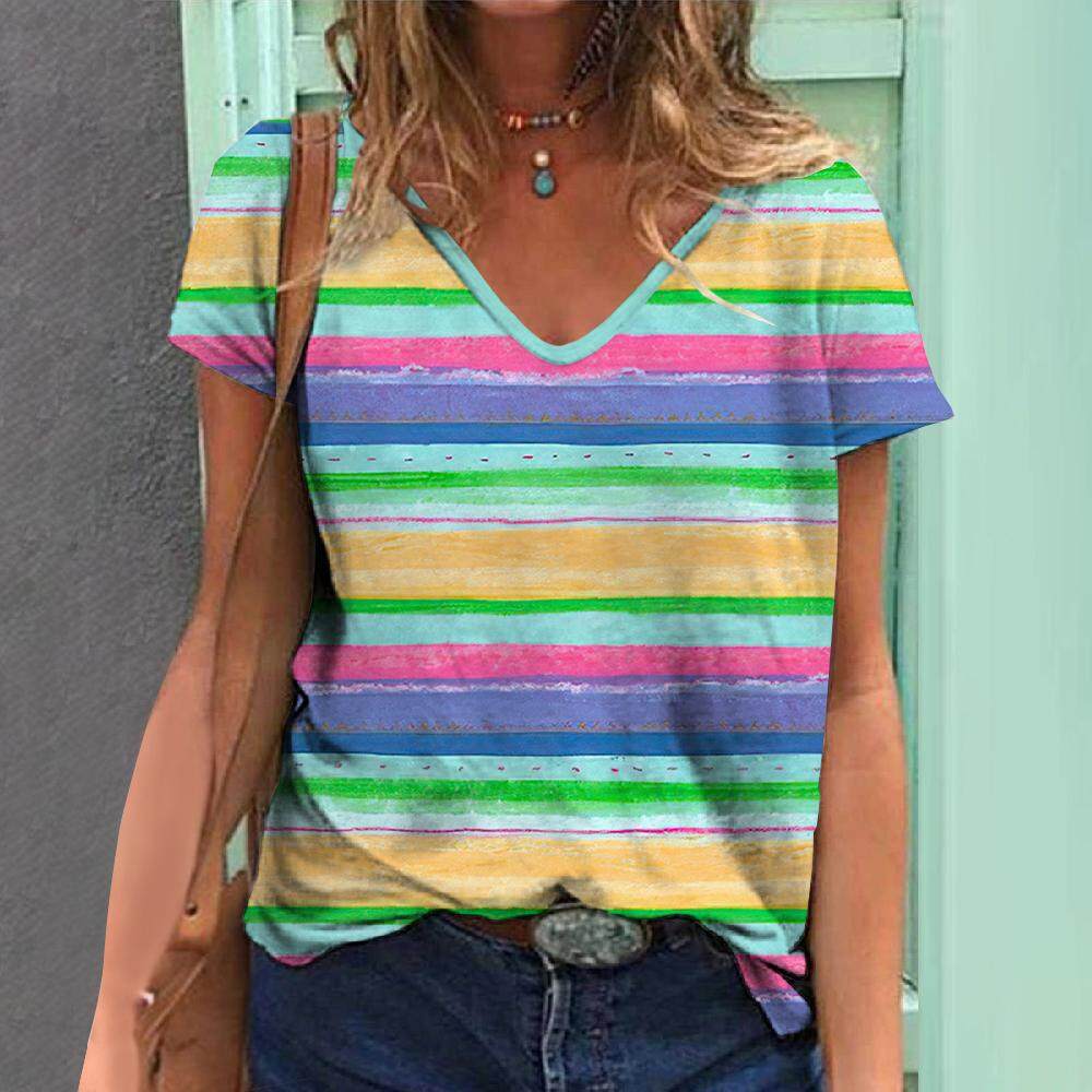 Bedrucktes Damen V-Ausschnitt Kurzarm Sommer 3D Gestreiftes Top Damen T-Shirt