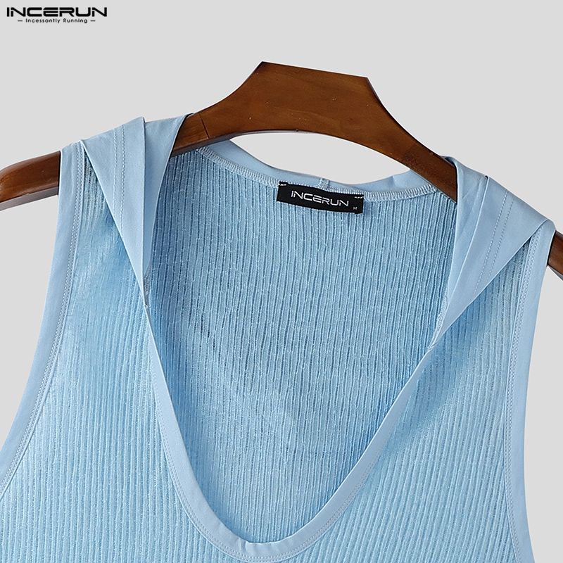 INCERUN Herren ärmellose U-Ausschnitt unregelmäßige dünne Urlaubs-Langarm-Kapuzen-Tanktops
