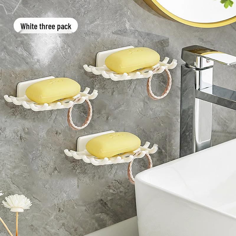 Wall-Mounted Punch-Free Soap Dish with Drain Rack & Hooks for Bathroom