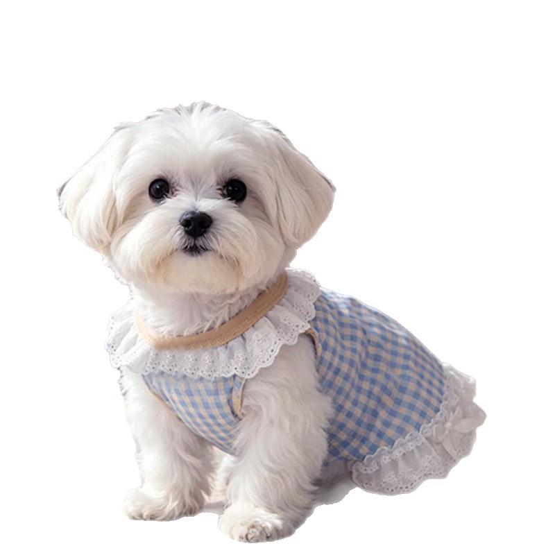 Pet cat clothes, summer thin style, suitable for small puppies, teddy bears, and Yorkshire terriers, featuring a bow and lace trim, vest-style dress