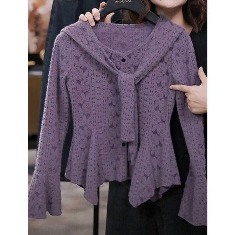 

Purple Shawl Versatile Top for Women New Style Waisted Bell Sleeves Top L фіолетовий