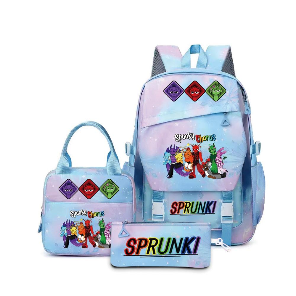 Around the box, elementary school bag sprunki cartoon backpack three-piece set D